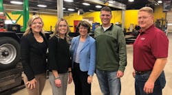 From left to right are Felling Trailers co-owners Bonnie Radjenovich and Brenda Jennissen, US Senator Amy Klobuchar, Paul Radjenovich, Felling&rsquo;s VP of operations, and Mike Cave, Felling&rsquo;s director of production in Litchfield.
