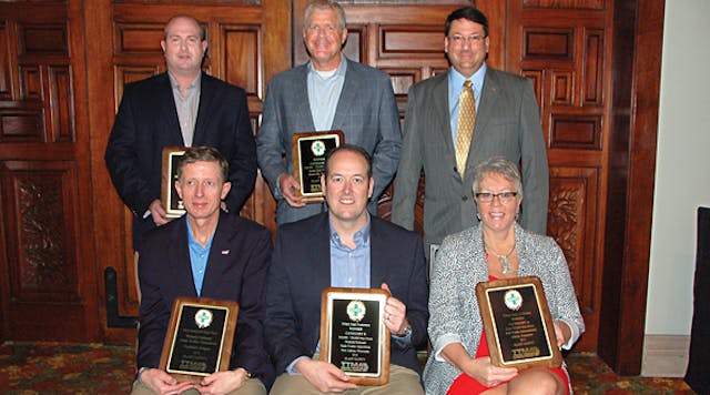 TTMA recognized several trailer manufacturing plants for their outstanding safety records. Shown are [seated]: John Cannon, Wabash National; Mark Weber, Wabash National; and Karen Czor &ndash; Heil Trailer International. Standing: Corey Stafford, XL Specialized Trailers; Dean Englelage, Great Dane Trailers; and TTMA Chairman of the Board Dan Giles, Fontaine Trailer Company.
