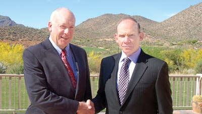 TTMA Chairman Glenn Harney left greets Lieutenant General David Fridovich prior to Fridovichrsquos presentation at the TTMA convention