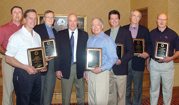 Participating in the presentation of the TTMA Plant Safety Awards are Randall Swift Heil Trailer International Jeff Thompson Timpte Inc Doug Chapple Brenner Tank LLC Glenn Harney TTMA chairman Paul Bennett Utility Trailer Mfg Rick Mullininx Great Dane Trailers Lynn Reinbolt Road Systems Inc and Scott Hevelone LBT Inc