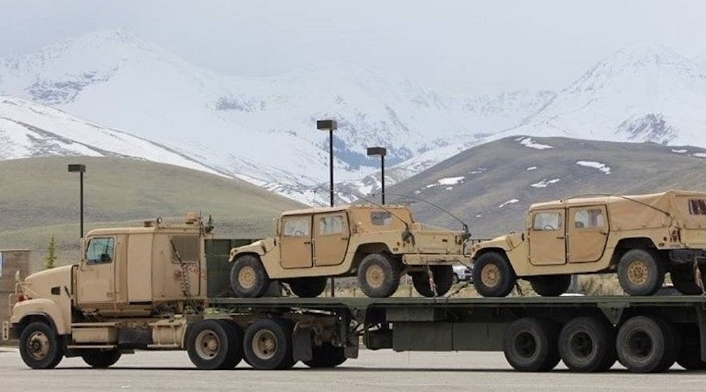 The US Department of Defense recently placed a $360 million order with Talbert Manufacturing to deliver semitrailers similar to this M872-series trailer loaded with High Mobility Multipurpose Wheeled Vehicles belonging to the 786th Quartermaster Company.