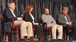 From left, Mike Palmer, Estes Express Lines; Gloria Pliler, Daseke; Lee Quinn, Point Ready Mix; and Brett Wacker, Dart Transit Co., explain the aftermarket challenges fleets face.
