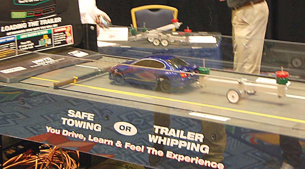 Proper loading can make the difference between safe trailer towing and trailer whipping. In this U-Haul demonstration, a scale model car and trailer remain in place while the belt beneath them moves, simulating road travel. When the load is properly loaded, the trailer performs as designed. If the load is concentrated at the rear of the trailer as shown here, minor lateral forces can cause the trailer to whip violently.