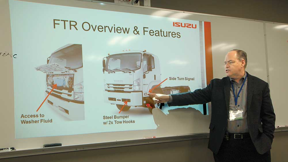 Andy Craig director Isuzu Commercial Truck of Canada provides details on the new Isuzu FTR during the Canadian Transportation Equipment Manufacturers Conference in Vancouver BC October 26