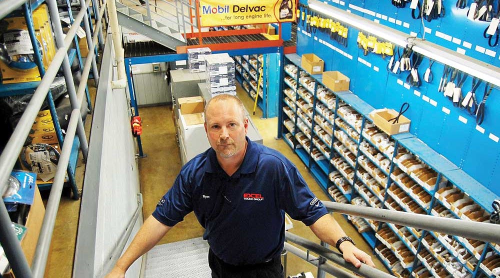Excel Truck Group&rsquo;s Chester, Virginia, location has condensed two locations into this one, expanded its parts warehouse and showroom, and tripled its part sales. Shown is Ryan Brooks, parts manager.