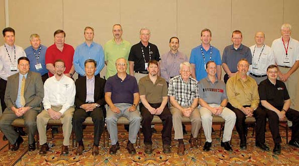 Attending the TTMA Engineering Committee at the TTMA convention are [front row, left to right]: Dan Giles, Fontaine Trailer Company; George Gauntt, Kentucky Trailer; Chris Lee, Great Dane Trailers; Jeff Bennett, Utility Trailer Manufacturing Co; Shannon Richardson, XL Specialized Trailers; Rod Ehrlich, Wabash National; Jeff Thompson, Timpte, Inc; Gary Fenton, Stoughton Trailers LLC; and John Freiler, TTMA. Back row: Rick Mullininx, Great Dane Trailers; Allen Peacock, Fontaine Trailer Company; Charlie Fetz, Great Dane Trailers; Jay Kulyk, Rogers Brothers Corporation; Andy Grow, East Manufacturing Company; Dave Shannon, MAC LTT; Ed Mansell, MAC LTT; Nick Eby, M.H. Eby Inc; John Rust, Trail King Industries; Peter Weis, Polar Tank Trailer LLC; and Tom Anderson, LBT Inc.