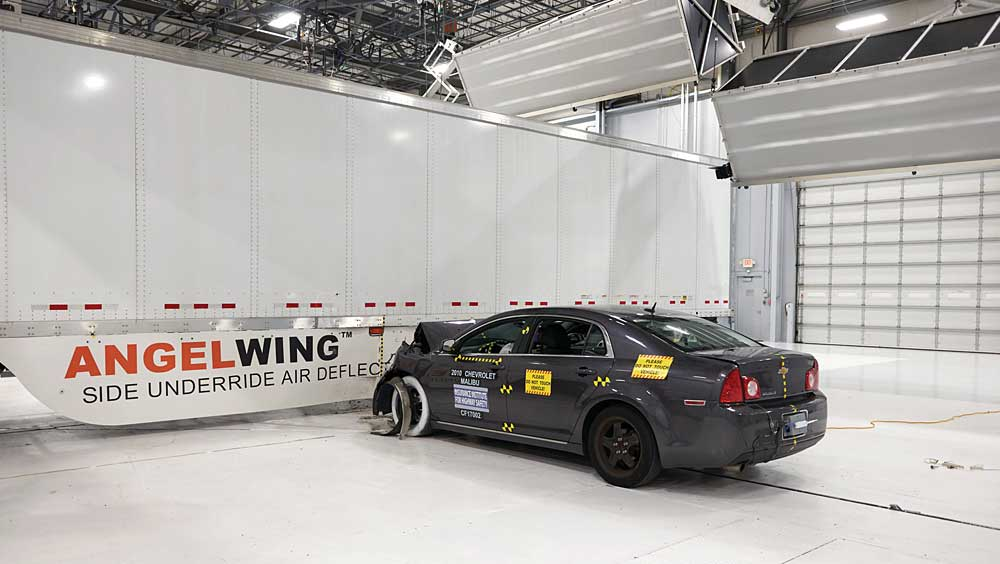 The passenger compartment of a Chevrolet Malibu remains intact after hitting a side underride guard at a speed of 35 mph The test was conducted in late March at the Insurance Institute for Highway Safety test facility in Ruckersville VA