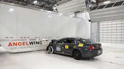 The passenger compartment of a Chevrolet Malibu remains intact after hitting a side underride guard at a speed of 35 mph The test was conducted in late March at the Insurance Institute for Highway Safety test facility in Ruckersville VA