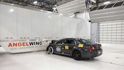 The passenger compartment of a Chevrolet Malibu remains intact after hitting a side underride guard at a speed of 35 mph The test was conducted in late March at the Insurance Institute for Highway Safety test facility in Ruckersville VA The passenger compartment of a Chevrolet Malibu remains intact after hitting a side underride guard at a speed of 35 mph The test was conducted in late March at the Insurance Institute for Highway Safety test facility in Ruckersville VA