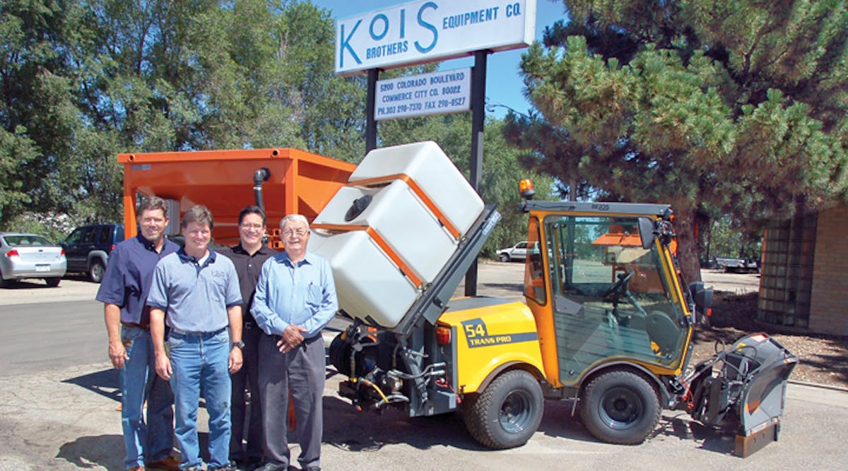 Kois Brothers Equipment in Denver CO complements its truck equipment business with several products that do what truck-mounted equipment is not set up to do. Ernie, Scott, Gary, and George display an articulating vehicle the company has equipped for applications such as clearing hike and bike paths. In the background is a new, patent-pending brine maker that the company has begun manufacturing and marketing throughout the US.