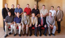 Attending the TTMA Engineering committee are seated left to right Rick Mullininx Great Dane Trailers Jeff Thompson Timpte Inc Dan Giles Fontaine Trailer Company John Pierce East Manufacturing Corp Glenn Harney Hyundai Translead and Gary Fenton Stoughton Trailers LLC Standing left to right are Jeff Sims TTMA George Gauntt Kentucky Trailer Mark Roush Vanguard National Trailer Corp John Rust Trail King Industries Inc Jeff Ingels XL Specialized Trailers Charlie Fetz Great Dane Trailers Christian Lee Hyundai Tr Attending the TTMA Engineering committee are seated left to right Rick Mullininx Great Dane Trailers Jeff Thompson Timpte Inc Dan Giles Fontaine Trailer Company John Pierce East Manufacturing Corp Glenn Harney Hyundai Translead and Gary Fenton Stoughton Trailers LLC Standing left to right are Jeff Sims TTMA George Gauntt Kentucky Trailer Mark Roush Vanguard National Trailer Corp John Rust Trail King Industries Inc Jeff Ingels XL Specialized Trailers Charlie Fetz Great Dane Trailers Christian Lee Hyundai Tr