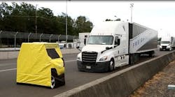 Truck pairing technology, or platooning, is another step on the path to autonomous vehicles. Here paired Freightliners demonstrate the ability to stop together for a stationary object.