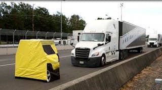 Truck pairing technology, or platooning, is another step on the path to autonomous vehicles. Here paired Freightliners demonstrate the ability to stop together for a stationary object.