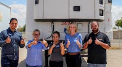 Standing in the shade of a new Carrier Transicold X4 Series trailer refrigeration unit are, from left to right, Alex Juarez of CT Power, Phoenix, and the Yuma Community Food Banks&rsquo; Shara Merten, Samantha Landesman, Michelle Merkley and Erick Thomas.