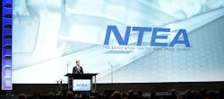 Todd Davis, NTEA board chairman, addresses the audience during the 2018 Work Truck Show. The association is adding a new Manufacturer and Distributor Innovation Conference for the 2019 show.