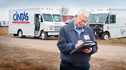 Al Freve, Morgan Olson&rsquo;s service center sales manager, compares a finished CINTAS vehicle [left] to a vehicle to be quoted and approved before any work can begin on this unit.