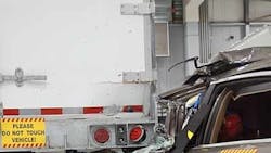 A Chevrolet Malibu is crashed into the rear of a Strick van trailer as part of the Insurance Institute for Highway Safety research program on underride guards This crash involved striking only the outer edge of the crossbar Guards proved effective in preventing underride as long as the automobile struck at least one of the vertical supports A Chevrolet Malibu is crashed into the rear of a Strick van trailer as part of the Insurance Institute for Highway Safety research program on underride guards This crash involved striking only the outer edge of the crossbar Guards proved effective in preventing underride as long as the automobile struck at least one of the vertical supports