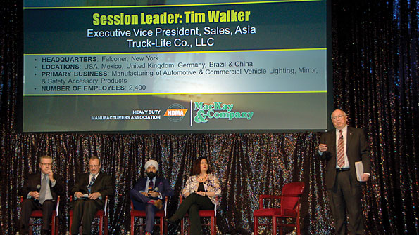 Tim Walker TruckLite moderates the global outlook panel discussion that includes Tom Clevinger Navistar Bill Gordon Bergstrom Jeev Khanduja Automann and Emily Poladian Firestone Industrial Products