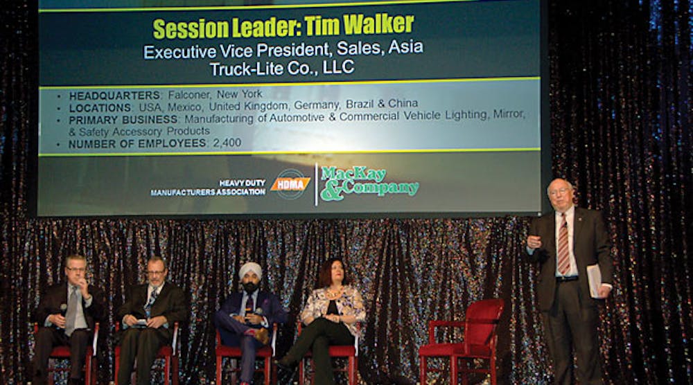Tim Walker, Truck-Lite, moderates the global outlook panel discussion that includes Tom Clevinger, Navistar; Bill Gordon, Bergstrom; Jeev Khanduja, Automann; and Emily Poladian, Firestone Industrial Products.
