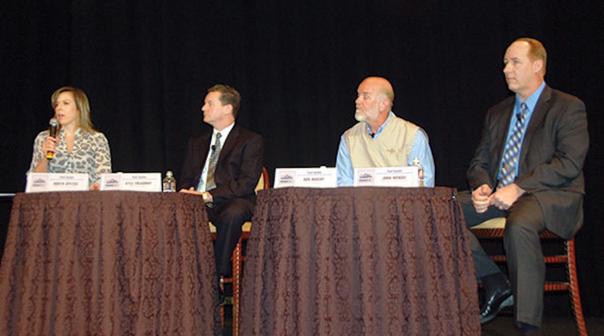 Panelists share their thoughts on what helps distributors succeed in today&rsquo;s competitive environment. Shown are Robyn Spitzke, Fort Garry Industries; Kyle Treadway, Kenworth Sales Company; Don Nugent, US Transport; and John Wensel, Wensel&rsquo;s Service Centers.