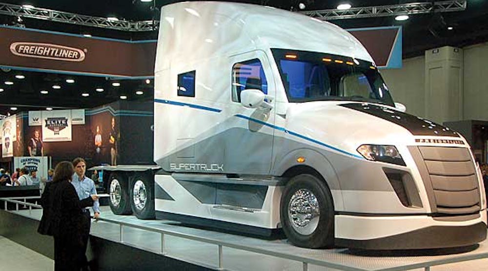 Daimler Trucks North America unveiled its SuperTruck at a the 2015 Mid-America Trucking Show. It combines a custom Freightliner tractor with a highly modified trailer that is based on a standard Strick sheet and post dry-freight van.