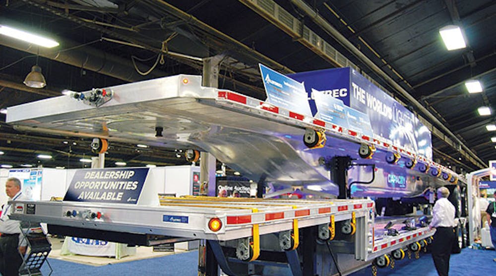 The new Alutrec &ldquo;Capacity&rdquo; flatbed is shown loaded aboard an Alutrec drop-deck platform at the Mid-America Trucking Show in Louisville. Note how the smooth underbody transitions from the upper coupler to the deeper mid-section.