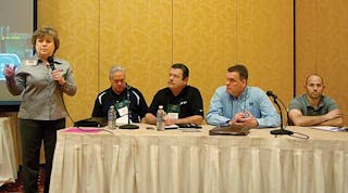 Pam O&rsquo;Toole Trusdale, executive director of NATM, introduces the special panel discussion on trailer brake safety. Shown are Titan&rsquo;s Randy McMann, UFP&rsquo;s Bernie Goettker, Dexter Axle&rsquo;s Tim Meckstroth, and U-Haul International&rsquo;s Luis Vendrell.