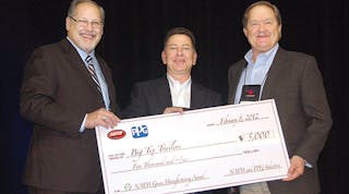 Gary Potter, NATM president, and Ron Yarnell, PPG, present Lynn Beal of Big Tex Trailers with a check representing the Big Tex&rsquo;s receipt of the NATM Green Manufacturing Award. The award, sponsored by PPG, will go to Big Tex&rsquo;s charity of choice.