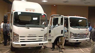 NTEA members check out the Isuzu lineup, which includes the NPR Eco-Max and the new NPR-XD.