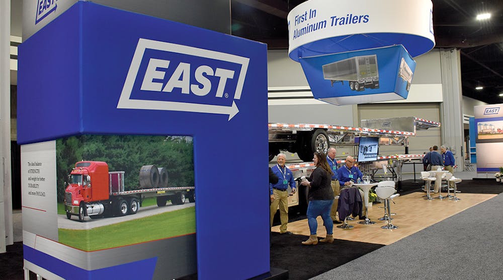 Trailer OEMs were well represented and impossible to miss at this year&rsquo;s TMC exhibition. Here, the team at the East Manufacturing booth ready for the arrival of attendees.