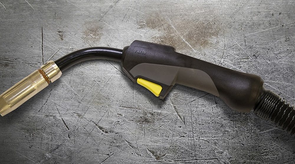 Tweco&rsquo;s new Fusion Pro 450 water-cooled MIG gun offers an ergonomic handle, soft-grip areas and a ball-and-socket connection between the handle and cable to reduce strain and make it easier to manipulate the gun.
