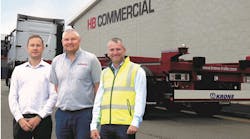 From left to right, HB Commercial&apos;s Oliver Brunt and Jono Scott worked with Jason Chipchase, Krone&apos;s sales manager, to bolster HB&apos;s fleet of Box Liner trailers.