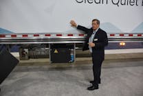 Stuart James, chief sales officer for Hyundai Translead, explains the HT Nitro ThermoTech concept trailer at NACV.