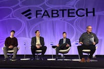 The FABTECH State of the Industry panel discussion on automation included, from the right, moderator Jay Douglass, COO of ARM; Tyler Vizek, Project Engineer for MxD; Steve Czajkowski, head applications engineer, Siemens Industry Inc; and Mingu Kang, CEO of Aris Technology.