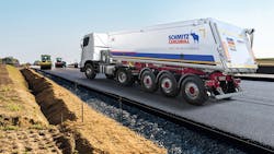 Road construction drives equipment sales worldwide. Above, A Schmitz Cargobull M.KI truck tipper with an electric sliding tarpaulin that can be opened or closed by remote. Road construction drives equipment sales worldwide. Above, A Schmitz Cargobull M.KI truck tipper with an electric sliding tarpaulin that can be opened or closed by remote.