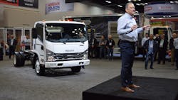 Shaun Skinner, president of Isuzu Commercial Truck of America, and Isuzu Commercial Truck of Canada stands in front of the Isuzu NPR-HD truck during a press conference at the Work Truck Show 2020. Shaun Skinner, president of Isuzu Commercial Truck of America, and Isuzu Commercial Truck of Canada stands in front of the Isuzu NPR-HD truck during a press conference at the Work Truck Show 2020.