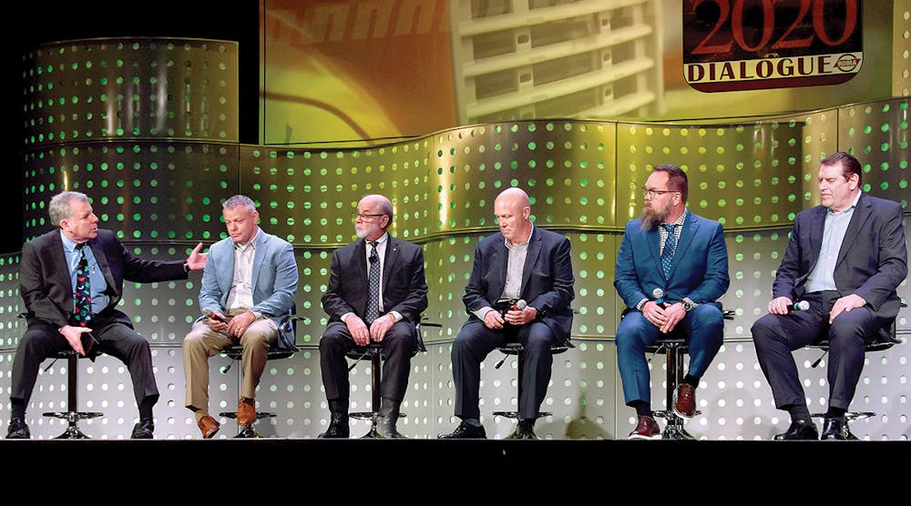 From left, John Blodgett, Ryan Hadley, Tim Kraus, Chris Baer, Tom Wiers, and Greg Klein take the stage during a Heavy Duty Aftermarket Dialogue session to discuss the challenges facing the middleman in the CV supply chain.