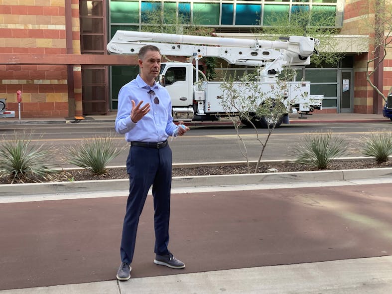 Kevin Baney, Kenworth general manager and Paccar vice president, introduces the OEM&apos;s new medium-duty lineup to trade press during an April 1 media ride-and-drive event in Phoenix.