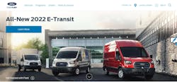 The website allows visitors to review starting MSRP and targeted driving range for all configurations for E-Transit cargo van.