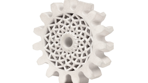Herringbone gears, which are found in a variety of industrial machinery applications, benefit from the excellent hardness of 4140 low-alloy steel and can be lightweighted using complex lattice designs made possible by additive manufacturing, reducing material cost and reducing wear on external components, such as motors and bearings. This part can be mass produced on the Production System P-50 in quantities up to 200,000 per year with 120 parts nested in each build.