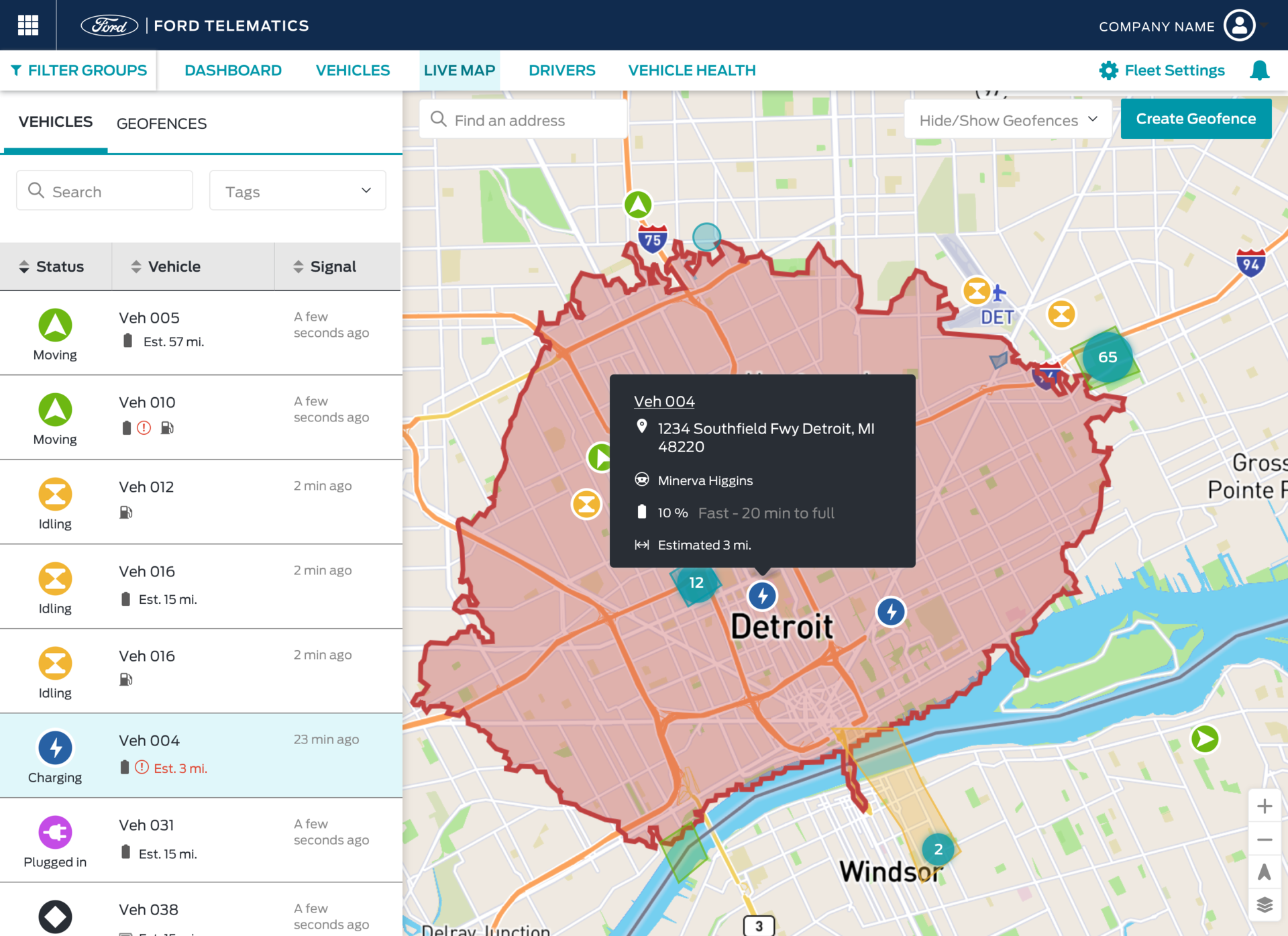 Ford Pro E-Telematics shows electric vehicle battery range, charger locations, state of charge, and energy consumption