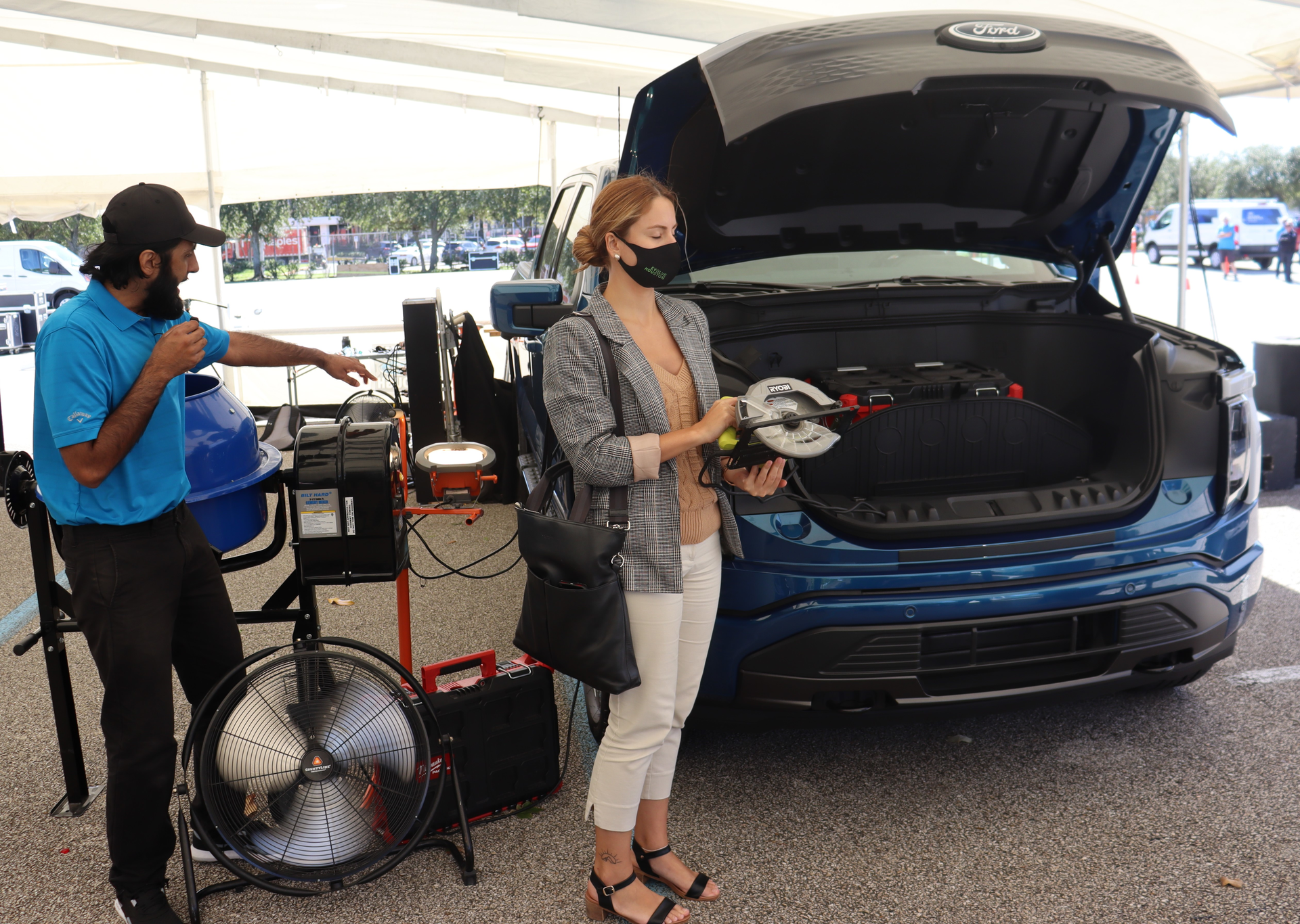 The F-150 Lightning Pro's high-tech 'frunk' cargo area includes four 120-volt AC Pro Power Onboard electrical outlets and two USB ports, and 2.4 kilowatts of available power.