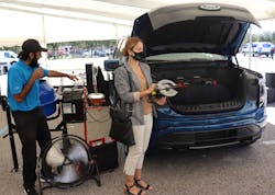The F-150 Lightning Pro's high-tech 'frunk' cargo area includes four 120-volt AC Pro Power Onboard electrical outlets and two USB ports, and 2.4 kilowatts of available power. The F-150 Lightning Pro's high-tech 'frunk' cargo area includes four 120-volt AC Pro Power Onboard electrical outlets and two USB ports, and 2.4 kilowatts of available power.