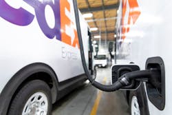 One of the first 150 BrightDrop Zevo 600 electric vehicles delivered to FedEx Corp. awaits a full charge.