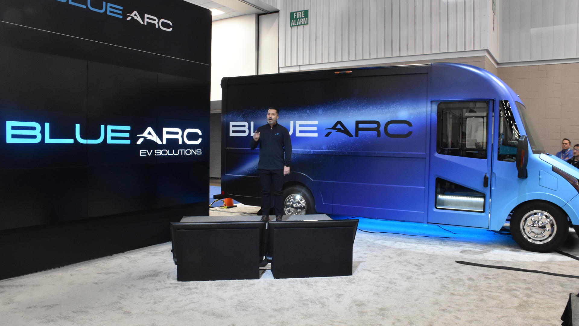 Eric Fisher, VP and general manager of Blue Arc EV Solutions, introduces The Shyft Group&rsquo;s Blue Arc all-electric Class 3 delivery van at last year&rsquo;s Work Truck Show.