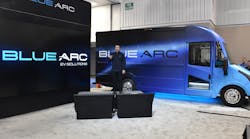 Eric Fisher, VP and general manager of Blue Arc EV Solutions, introduces The Shyft Group&rsquo;s Blue Arc all-electric Class 3 delivery van at last year&rsquo;s Work Truck Show.