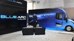 Eric Fisher, VP and general manager of Blue Arc EV Solutions, introduces The Shyft Group’s Blue Arc all-electric Class 3 delivery van at last year’s Work Truck Show. Eric Fisher, VP and general manager of Blue Arc EV Solutions, introduces The Shyft Group’s Blue Arc all-electric Class 3 delivery van at last year’s Work Truck Show.