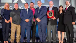 From left to right are Karin De Bondt, president of Thermo King Americas; David Smith, telematics manager for Thermo King Midwest; Don Reinhart, general manager of Thermo King Midwest North; Glenn Bartholomew, Thermo King Midwest CFO; Steve Bach, GM of aftermarket products and bus at Thermo King Americas; Tom Lantrip, executive VP of Thermo King Midwest; Carrie-Ann Flank, VP of sales at Thermo King Americas; and Mark Nyman, channel excellence leader for Thermo King Americas.