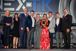 From left to right are Karin De Bondt, president of Thermo King Americas; Carrie-Ann Flank, vice president of sales at Thermo King Americas: Steve Bach, general manager of aftermarket products and bus at Thermo King Americas; Andres Diaz Correa, Alexandra Padilla, Alejandra Paredes, Felipe Mejia Londoño and Santiago Díaz Padilla, the owners of TK Service Group; and Mark Nyman, channel excellence leader for Thermo King Americas.
