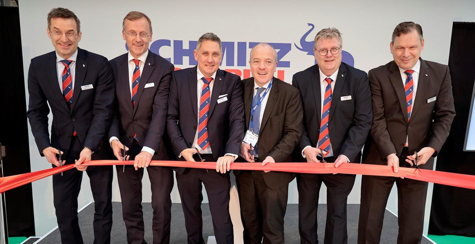 From left, Dr. G&uuml;nter Schweitzer (Chief Operations Officer Schmitz Cargobull), Andreas Busacker (Chief Financial Offer Schmitz Cargobull), Colin Maher (Managing Director Sales & Services, Schmitz Cargobull UK), Mike Kane (Labour MP for Wythenshawe and Sale East), Paul Avery (Managing Director Operations Schmitz Cargobull UK), Boris Billich (Chief Sales Officer Schmitz Cargobull)